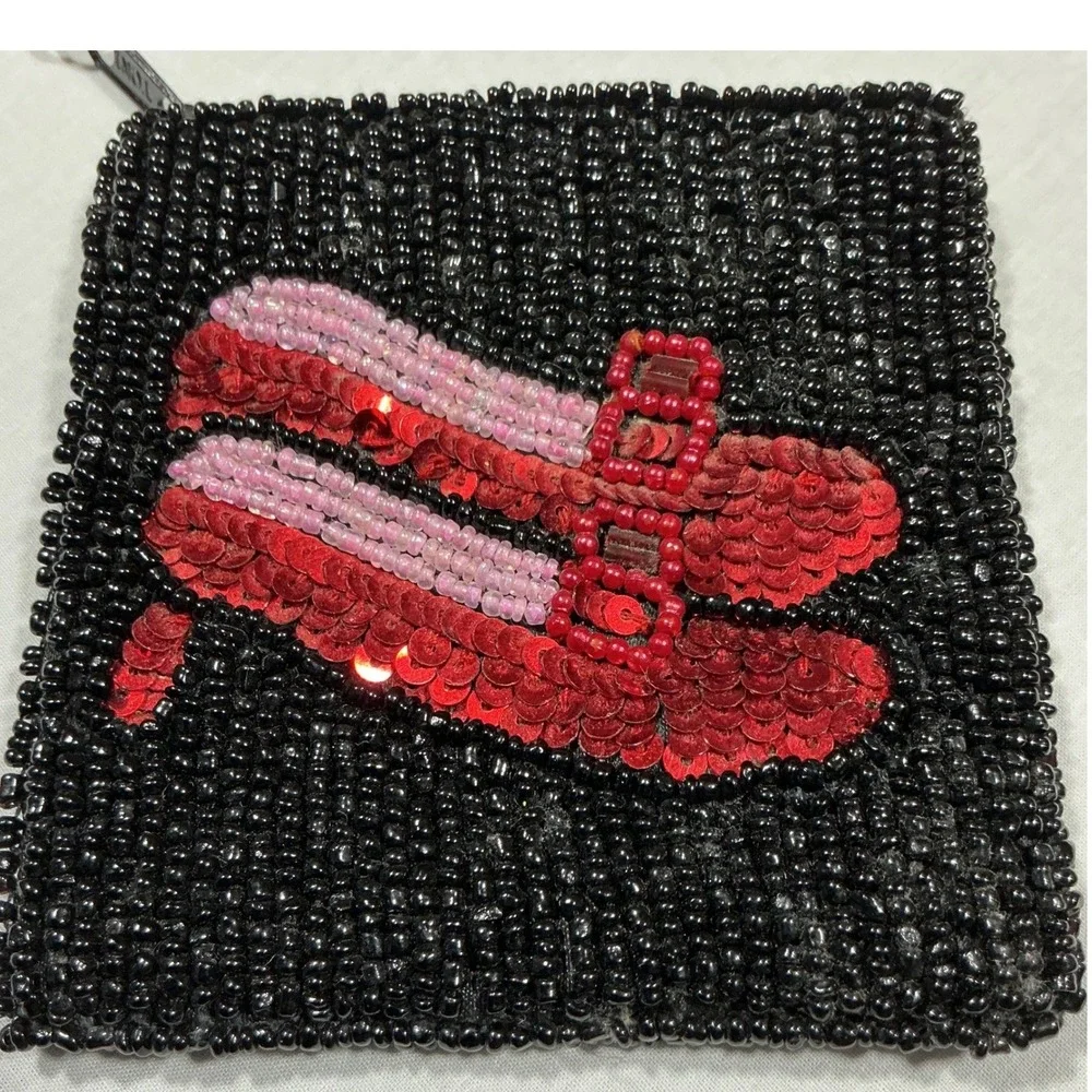 Hand Beaded Sequin Bacon‎ Coin Purse Keychain Black Zipper Pouch Novelty